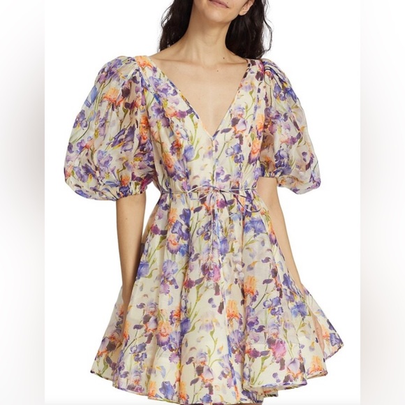 NWT Zimmermann (AU 3) Tama linen & silk puff sleeve Floral Mini Dress (US 10) - Picture 5 of 16